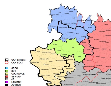 Carte des communes et services d'eau potable voisins du SEV avec les contours actuels et futurs de la CAN
