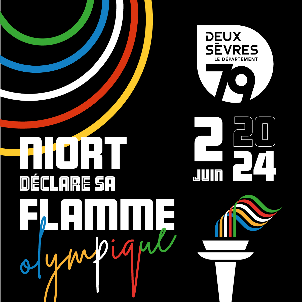 PASSAGE_FLAMME_JO_SUPPORTS_WEB_NOIR Niort accueille la flamme olympique Paris 2024 le 2 juin, en partenariat avec le département des Deux-Sèvres