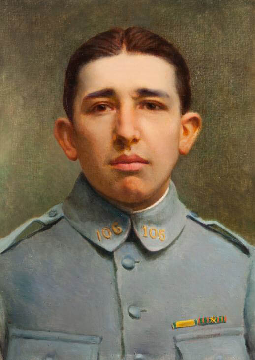 Tableau d'Hubert Sauzeau (1917) : buste en uniforme de son fils unique, aspirant sous-officier mort au combat à Soupir