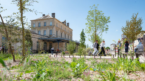 Esplanade réaménagée devant la gare de Niort avec jeunes arbres et plantations, des voyageurs avec bagages circulent - Agrandir l'image 2 sur [166], fenêtre modale