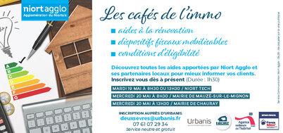 Flyer des Cafés de l'Immo : séances à Niort Tech, Mauzé-sur-le-Mignon et Chauray, inscription via deuxsevres@urbanis.fr