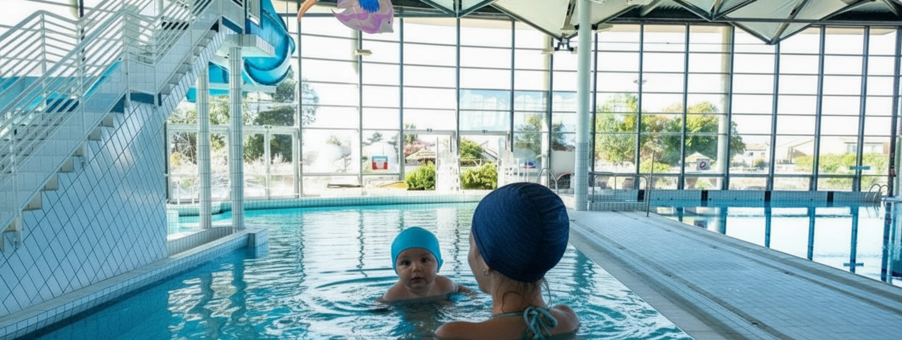 Un adulte accompagne un nourrisson dans le bassin intérieur d'un centre aquatique couvert, avec jouets gonflables colorés au-dessus de l'eau