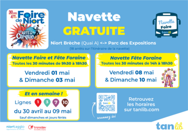 Horaires complets des navettes Tanlib gratuites pour la Foire de Niort du 30 avril au 10 mai 2026