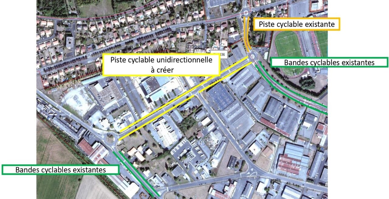Plan aérien annoté situant la future piste cyclable unidirectionnelle et les bandes cyclables existantes dans la ZI Saint-Liguaire