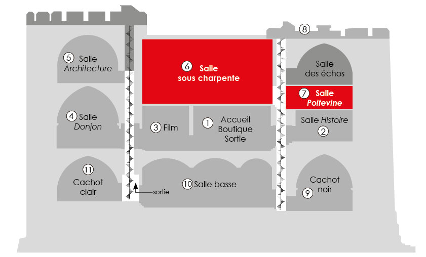 Plan du Donjon de Niort localisant ses 11 salles, dont la salle Poitevine et la salle sous charpente mises en évidence
