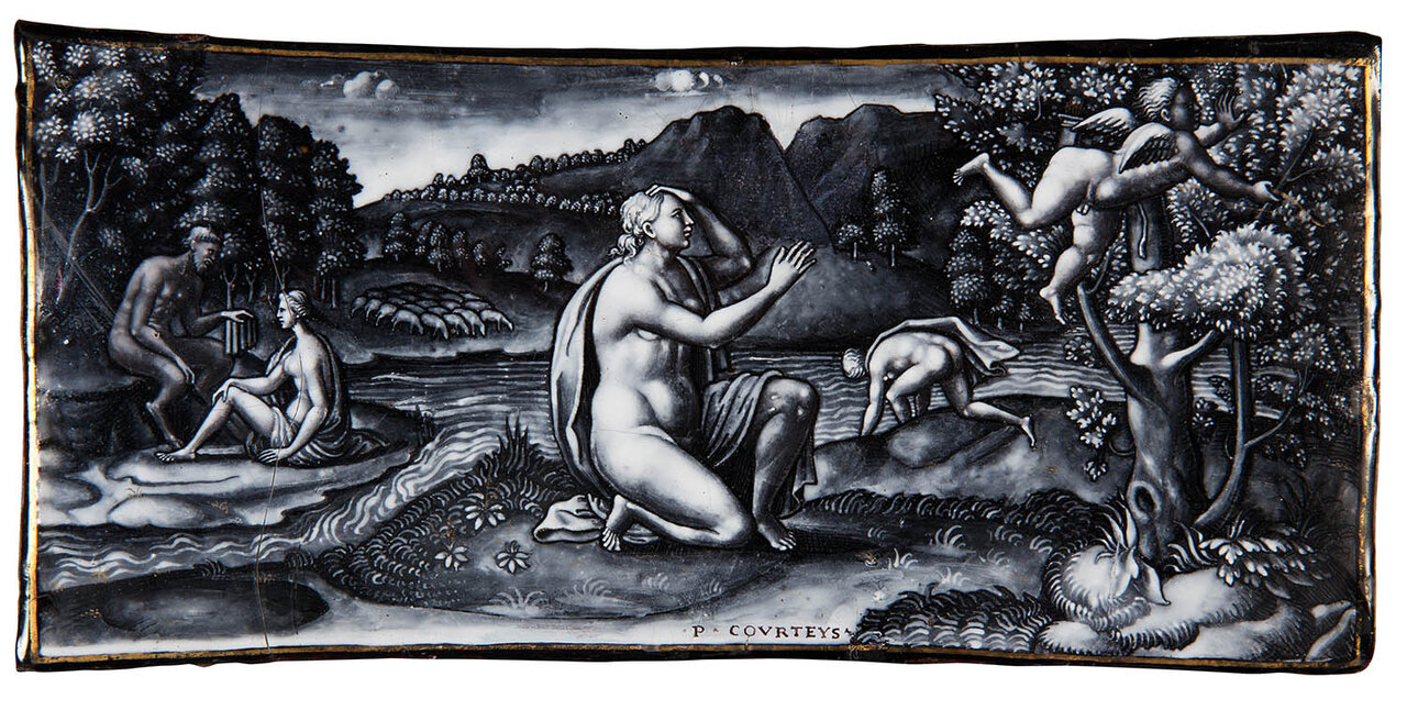 Plaque émaillée en grisaille de Pierre Courteys représentant L'Amour fuyant Psyché dans un paysage