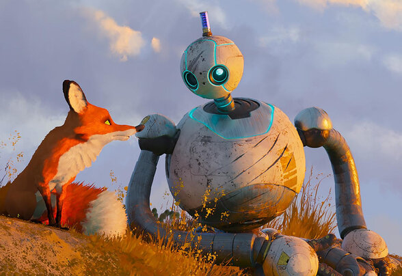 Illustration animée du Robot Sauvage : un robot sphérique face à un renard roux dans une prairie dorée - Agrandir l'image, fenêtre modale