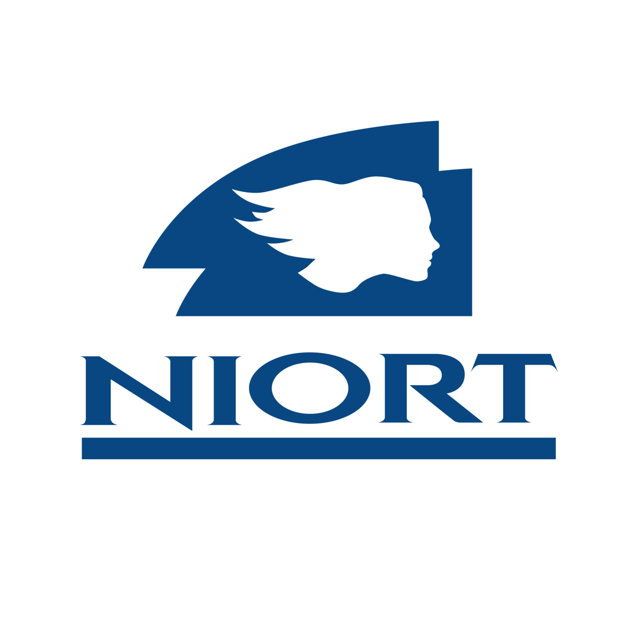 Logo de la Ville de Niort : silhouette blanche de femme de profil sur fond bleu marine avec l'inscription NIORT