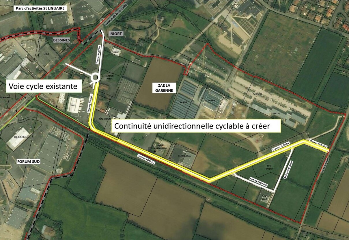 Plan aérien de la ZAE La Garenne indiquant le tracé de la continuité cyclable à créer rue Thomas Portau
