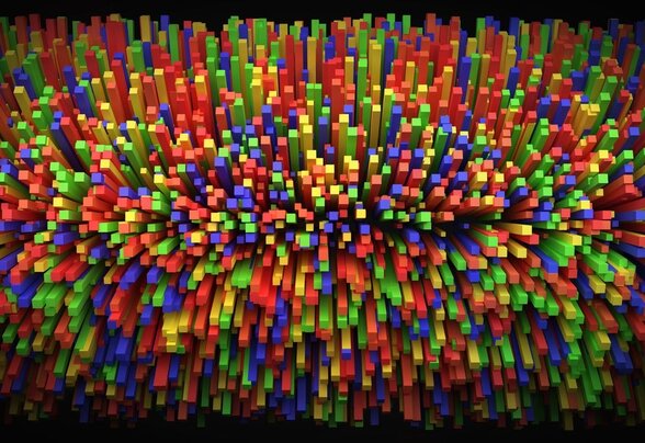 Illustration 3D de barres colorées en rouge, bleu, vert et jaune rayonnant depuis un centre
