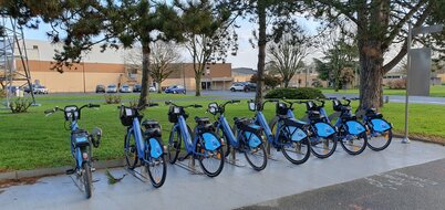 Sept vélos bleus en libre-service alignés en rang sur un emplacement balisé, avec une borne de déverrouillage et des espaces verts en arrière-plan