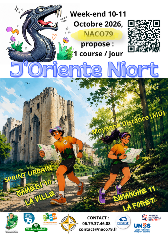 Affiche J'Oriente Niort 2026, week-end des 10-11 octobre, course d'orientation organisée par NACO79