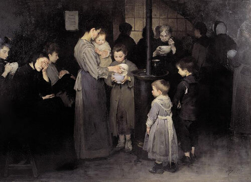 Mères portant nourrissons et enfants tendant des bols autour d'un poêle dans un refuge obscur aux tons gris-bruns