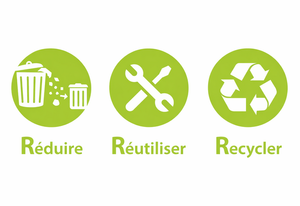 Trois pictogrammes verts représentant les 3R : Réduire (poubelles), Réutiliser (outils), Recycler (flèches circulaires) - Agrandir l'image, fenêtre modale