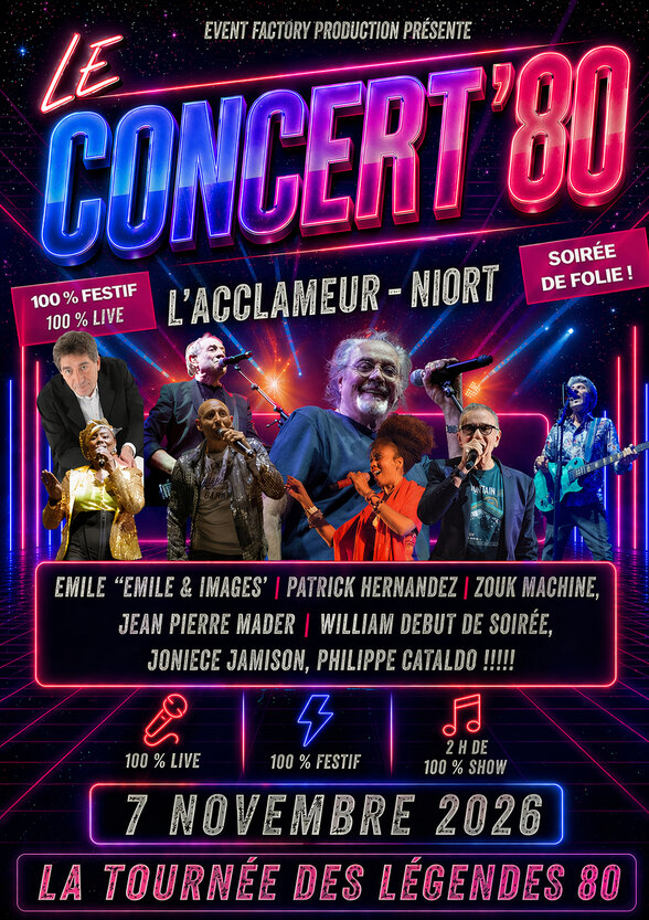 Affiche du spectacle listant les artistes : Emile & Images, Zouk Machine, Jean Pierre Mader, Joniece Jamison, Philippe Cataldo