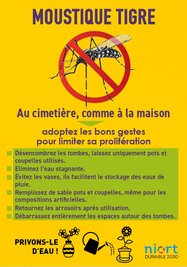 Affiche Niort Durable 2030 : Moustique tigre — au cimetière comme à la maison, privons-le d'eau.